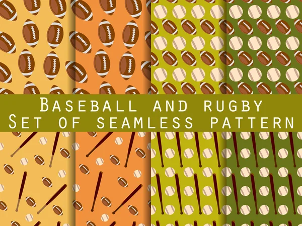 Morcego e bola. Beisebol e rugby. Conjunto de padrões sem costura. Para papel de parede, roupa de cama, telhas, tecidos, fundos. Ilustração vetorial . — Vetor de Stock