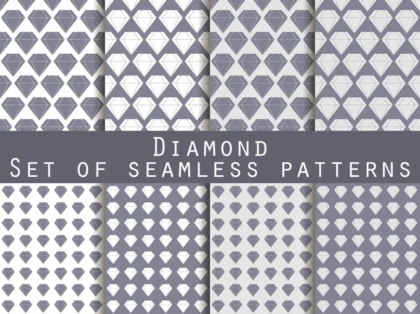 Jewelry. Set of seamless patterns with diamonds. Black and white color. The faceted diamond. The pattern for wallpaper, bed linen, tiles, fabrics, backgrounds. Vector illustration. — Stock Vector
