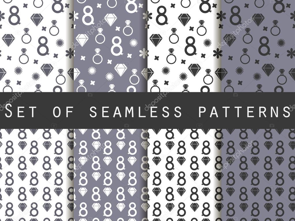 Set of seamless patterns on March 8. International Women's Day. Patterns with hearts, rings, flowers and diamonds. For wallpaper, bed linen, tiles, fabrics, backgrounds. Vector illustration.