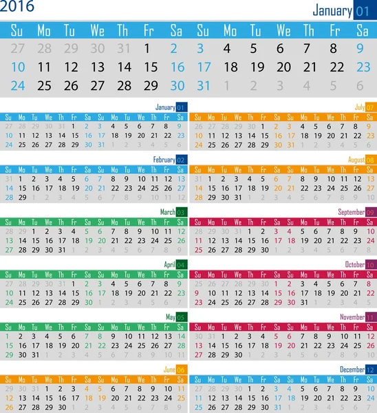 2016 yıl için takvim