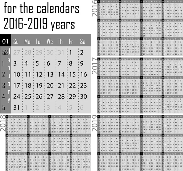 Kalender voor het jaar 2016-2019 — Stockvector