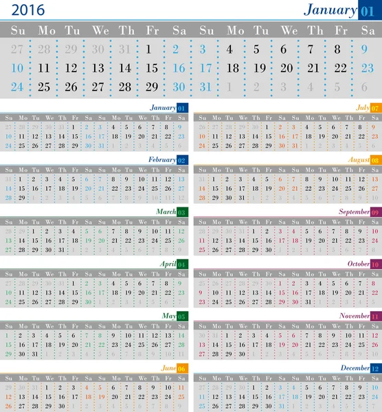 Kalender voor de 2016 jaar — Stockvector