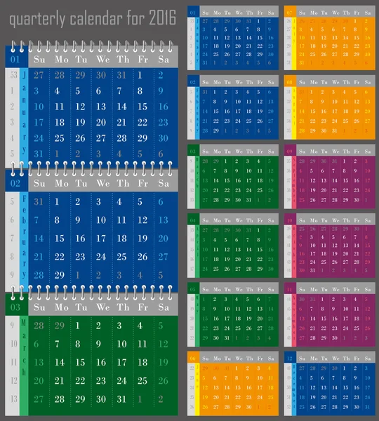 Kalender voor de 2016 jaar — Stockvector