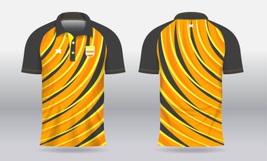 Badminton, tenis, futbol, futbol ya da spor üniforması için ön görüş ve arka görüş için sarı siyah polo forma şablonu tasarımı