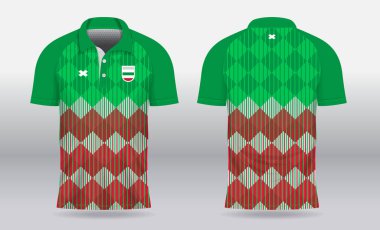 Badminton, tenis, futbol, futbol ya da spor üniforması için ön görüş ve arka görüş için yeşil kırmızı polo forma şablonu tasarımı