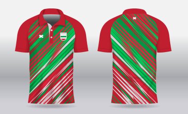 Badminton, tenis, futbol, futbol ya da spor üniforması için ön görüş ve arka görüş için yeşil kırmızı polo forma şablonu tasarımı