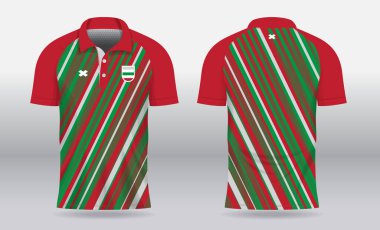 Badminton, tenis, futbol, futbol ya da spor üniforması için ön görüş ve arka görüş için yeşil kırmızı polo forma şablonu tasarımı