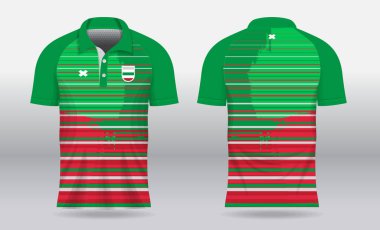 Badminton, tenis, futbol, futbol ya da spor üniforması için ön görüş ve arka görüş için yeşil kırmızı polo forma şablonu tasarımı
