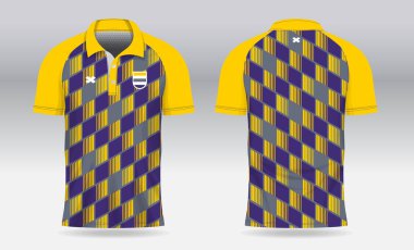 Badminton, tenis, futbol, futbol ya da spor üniforması için ön görüş ve arka görüş için mavi sarı polo forma şablonu tasarımı