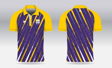 Badminton, tenis, futbol, futbol ya da spor üniforması için ön görüş ve arka görüş için mavi sarı polo forma şablonu tasarımı