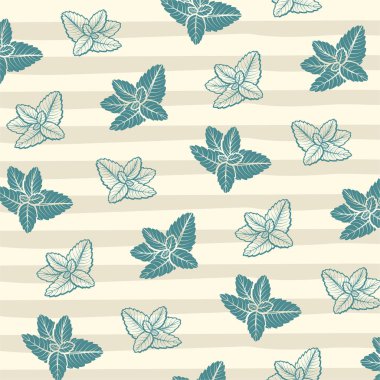 Nane el çizimi vektör çizimi, dikişsiz doku. Modern arkaplanda izole edilmiş naneli mentollü yapraklar..