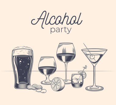 Alkollü içeceklerle dolu cam kadehler. Şarap, brendi, fıstık birası, martini, buzlu votka ve limon. El çizimi. Barların ve restoranların menüsü için klasik vektör oymacılığı çizimi.