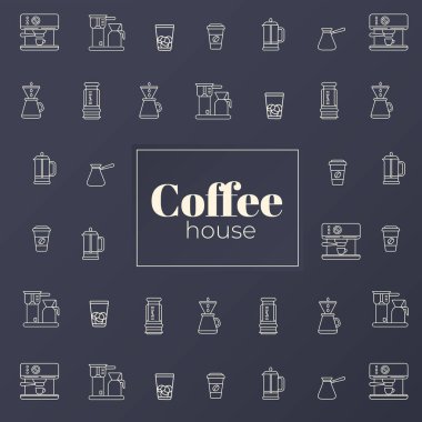 Kahve dükkanının basit bir çizgisi. Türk, espresso makinesi, uçak, kahve makinesi, kahve demliği, portakal suyu, Fransız basını, ev yapımı kahve makinesi vektör illüstrasyonu..