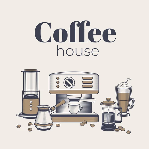 Vector Handzeichnungsset Mit Illustrationen Zum Kaffeekochen Türke Espressomaschine Aeropress Französische — Stockvektor