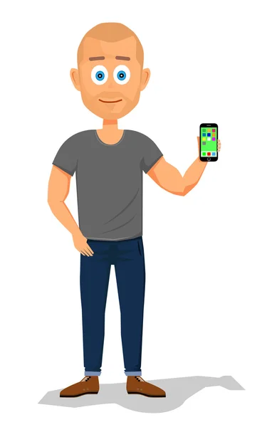 Bir smartphone gösterilen adam. Vektör çizim.