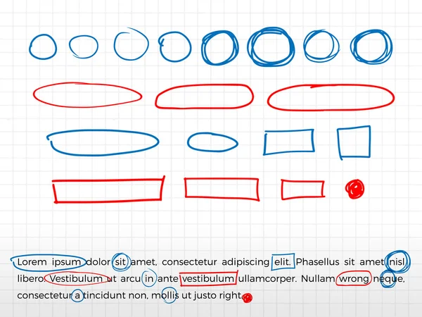 Corrección de texto dibujado a mano y elementos de resaltado — Vector de stock