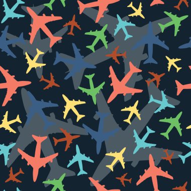 Uçaklar ile Seamless modeli. Koyu arka plan ve çok renkli daha küçük uçaklar.