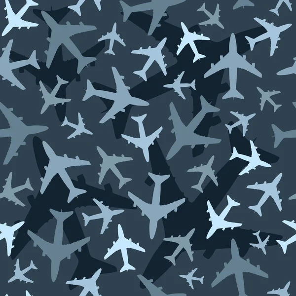 비행기와 원활한 배경 패턴입니다. 다크 블루 위장 버전. — 스톡 벡터