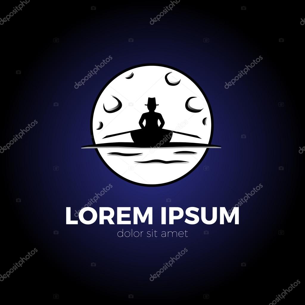 Man in the boat watching the moon. Editable vector logo.