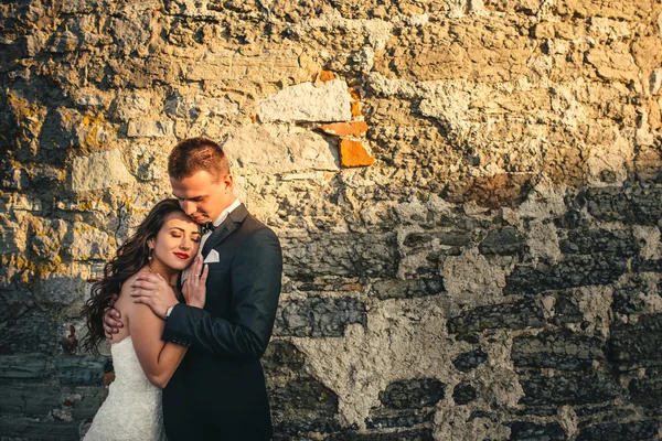 Walk just married on the background of the old castle — Stock Photo, Image