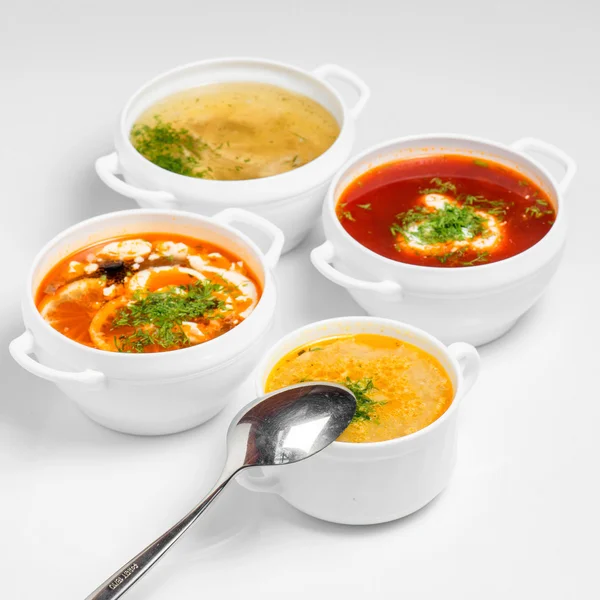 Variety of soups, restaurant hot dishes, healthy food isolated a — Stock Photo, Image