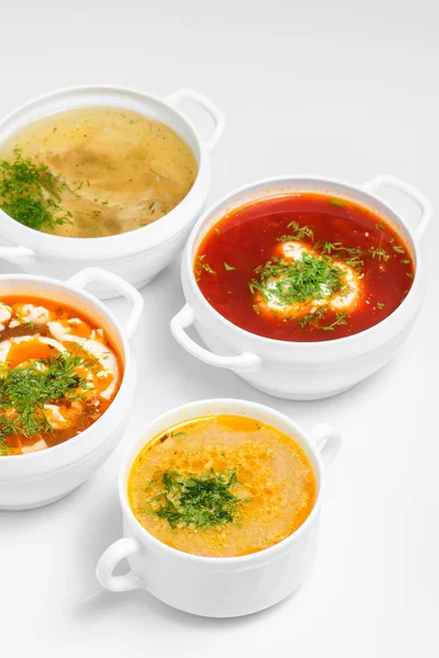 Variety of soups, restaurant hot dishes, healthy food isolated a — Stock Image Variety of soups, restaurant hot dishes, healthy food isolated a Stock Picture