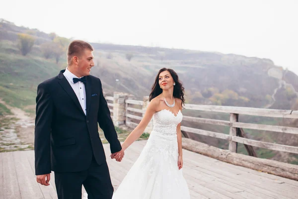 Berjalan hanya menikah di latar belakang kastil tua — Stok Foto