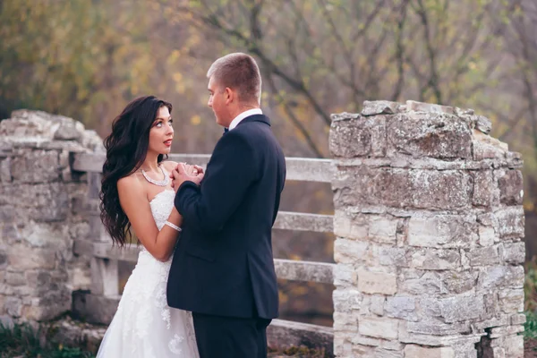 Caminhe acabou de se casar no fundo do velho castelo — Fotografia de Stock