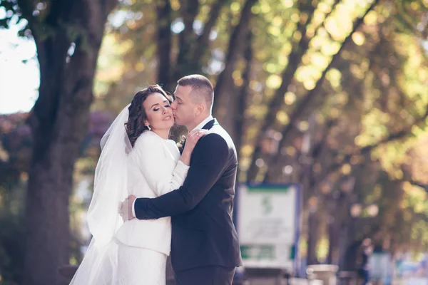 Happy bride and groom on their wedding day — Stock Photo, Image