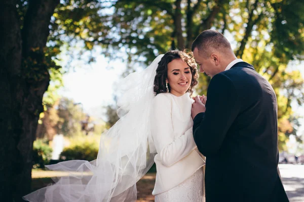 Noiva feliz e noivo em seu dia do casamento — Fotografia de Stock