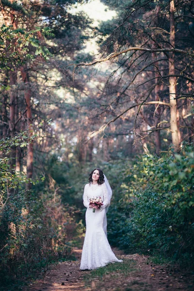 Hermosa novia al aire libre en un bosque . — Foto de Stock