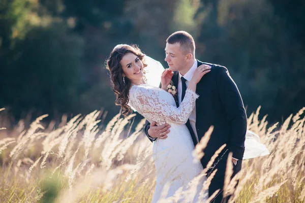 Noiva feliz e noivo em seu dia do casamento — Fotografia de Stock