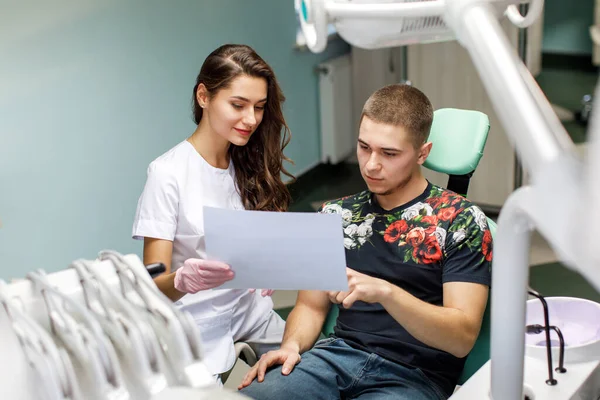 Portret Van Jonge Vrouwelijke Tandarts Stand Mid Adult Man Clinic — Stockfoto