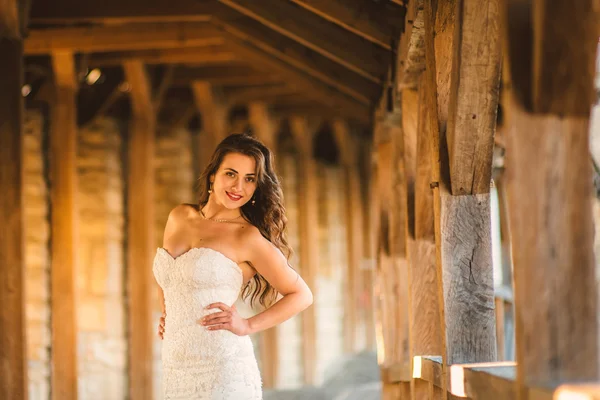 Wedding day. Gorgeous bride walking next to castle in west Ukrai — Stock Photo, Image