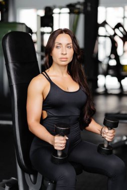 Genç, formda bir kadın, bir bankta otururken dambıl ütülüyor. Spor kıyafetlerinde zayıf bir kadın spor salonunda ağırlık çalışıyor..