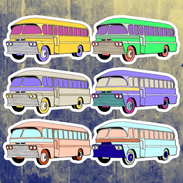 Conjunto de adesivos de arte pop. Desenho à mão retro bus.Vector ilustração — Vetor de Stock