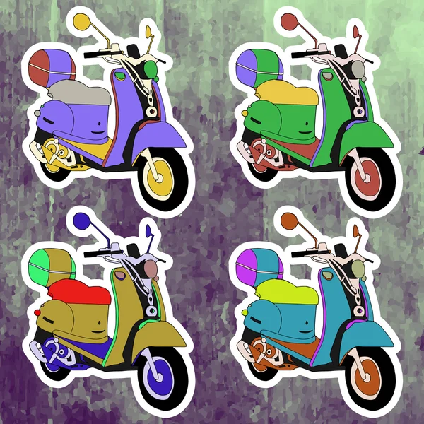 Set de pegatinas de arte pop. Dibujo a mano scooter retro. Ilustración vectorial — Vector de stock
