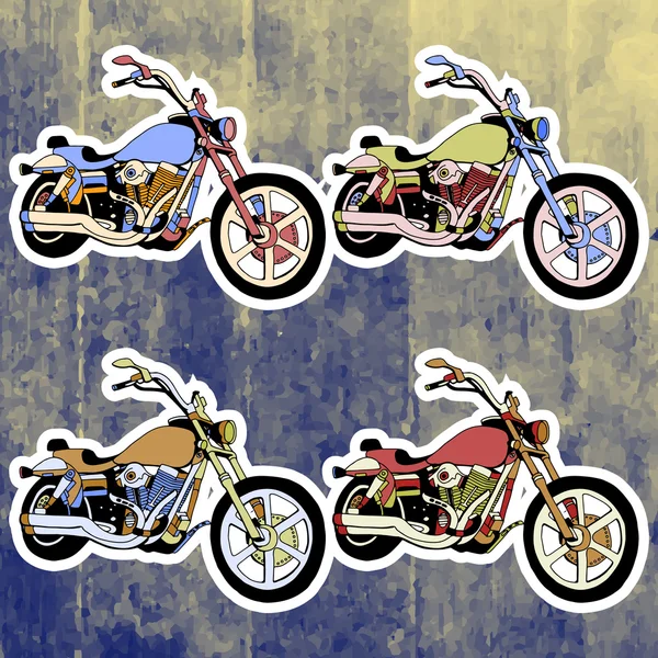 Conjunto de adesivos de arte pop. Desenho à mão retro motocicleta. Ilustração vetorial — Vetor de Stock