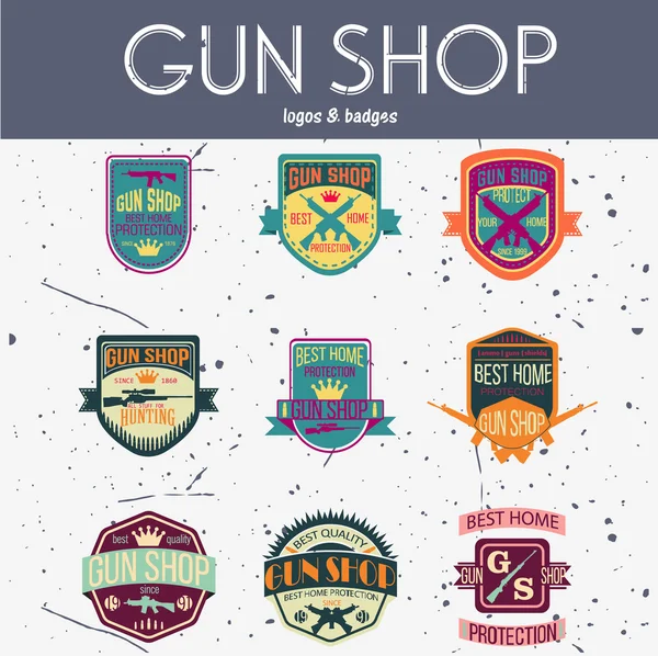 Pop art pistola tienda logotipos e insignias vector conjunto — Vector de stock