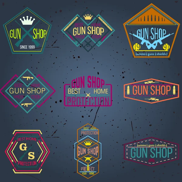 Pop arte arma loja logotipos e emblemas conjunto vetor — Vetor de Stock
