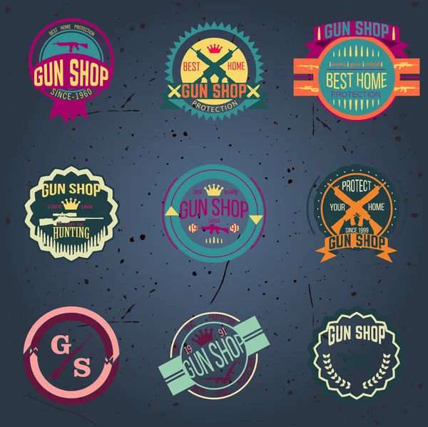 Pop arte arma loja logotipos e emblemas conjunto vetor — Vetor de Stock