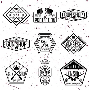 Vektör kümesi silah dükkanı Logotype ve rozetleri