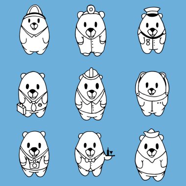 Big vector set of nine cartoon bears, different professions. Doctor, engineer, businessman, astronaut, waiter, photographer, sailor, soldier, firefighter. Hand drawing characters for you design, print