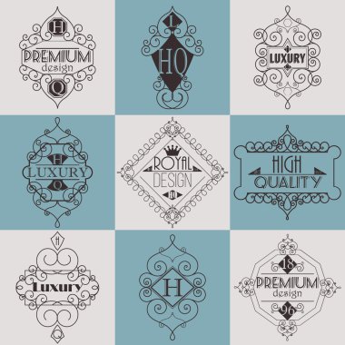 Retro tasarım lüks Insignias logolar şablon kümesi. Hat sanat vektör Vintage tarzı Victoria süs öğeleri. Zarif geometrik parlak çiçek çerçeveler.