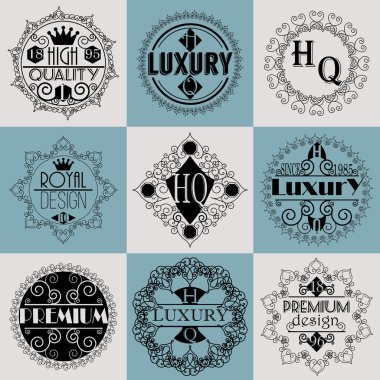 Retro tasarım lüks Insignias logolar şablon kümesi. Hat sanat vektör Vintage tarzı Victoria süs öğeleri. Zarif geometrik parlak çiçek çerçeveler.