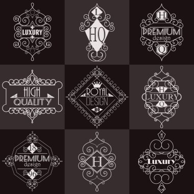 Retro tasarım lüks Insignias logolar şablon kümesi. Hat sanat vektör Vintage tarzı Victoria süs öğeleri. Zarif geometrik parlak çiçek çerçeveler.