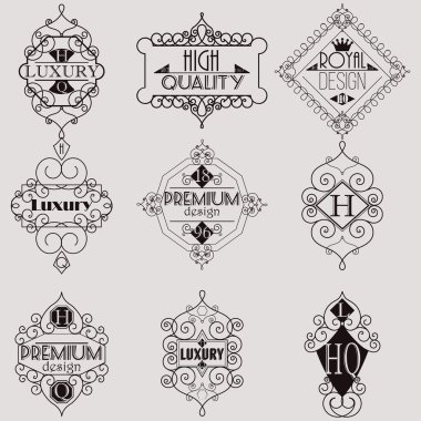 Retro tasarım lüks Insignias logolar şablon kümesi. Hat sanat vektör Vintage tarzı Victoria süs öğeleri. Zarif geometrik parlak çiçek çerçeveler.