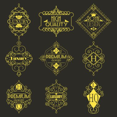 Retro tasarım lüks Insignias logolar şablon kümesi. Hat sanat vektör Vintage tarzı Victoria süs öğeleri. Zarif geometrik parlak çiçek çerçeveler.