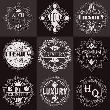 Retro tasarım lüks Insignias logolar şablon kümesi. Hat sanat vektör Vintage tarzı Victoria süs öğeleri. Zarif geometrik parlak çiçek çerçeveler.