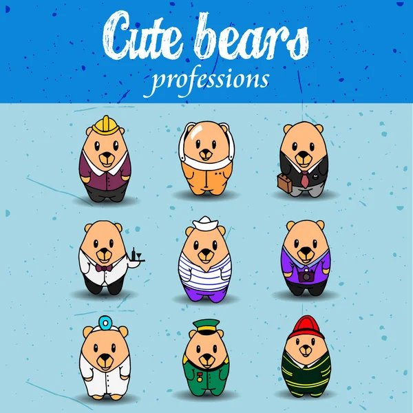 Big vector set of nine cartoon bears, different professions. Doctor, engineer, businessman, astronaut, waiter, photographer, sailor, soldier, firefighter. Hand drawing characters for you design, print